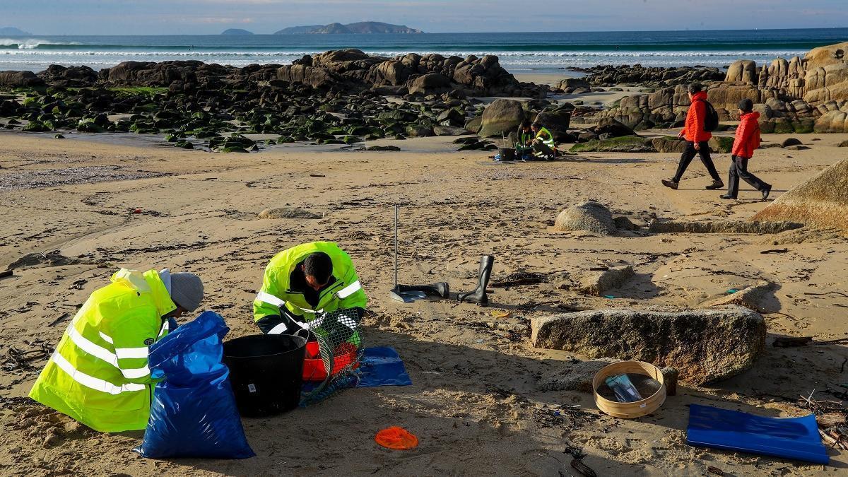 Operarios de la empresa Tragsa retiran bolas de plástico en la playa potevedresa de A Lanzada.