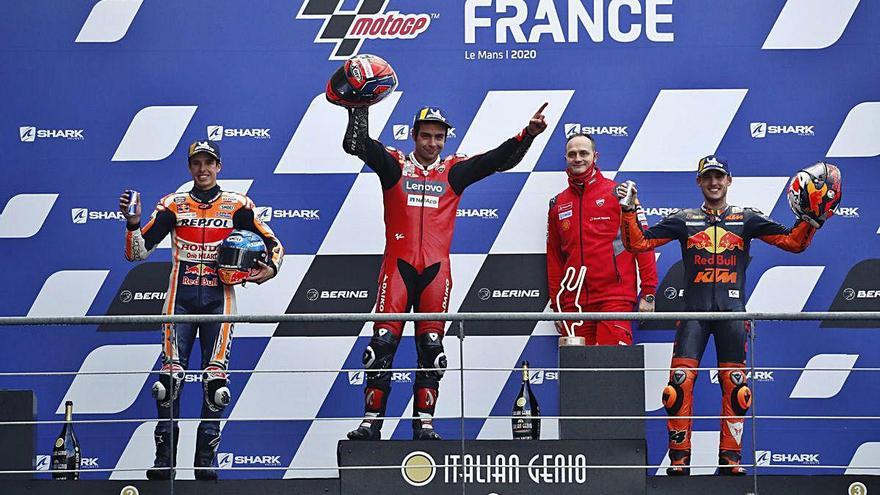 Àlex Márquez, Petrucci i Espargaró. al podi de Le Mans.