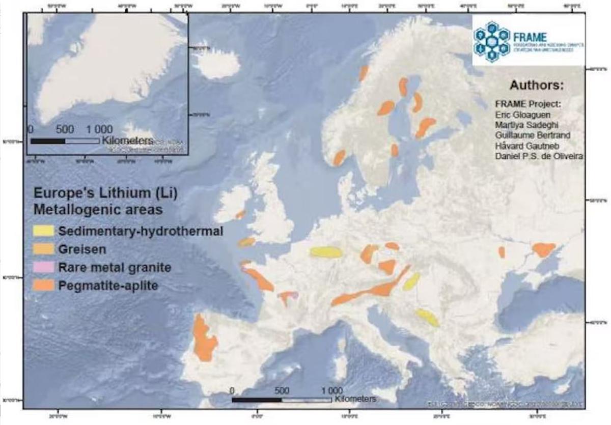 Áreas con depósitos de litio en Europa (Gloaguen et al. 2021; proyecto FRAME-GeoERA).