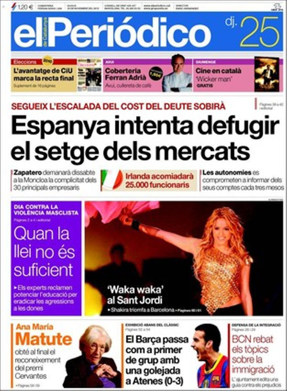 EL PERIÓDICO, a més d’oferir la informació electoral catalana al suplement ’Eleccions 2010’, destaca a les pàgines interiors l’estudi sobre quins arbres patiran a Catalunya els rigors del canvi climàtic, que Wolkswagen reactiva els plans de Seat per entrar a la Xina, i que Alberto Oliart compleix un any al capdavant de RTVE amb menys diners i més crítiques.