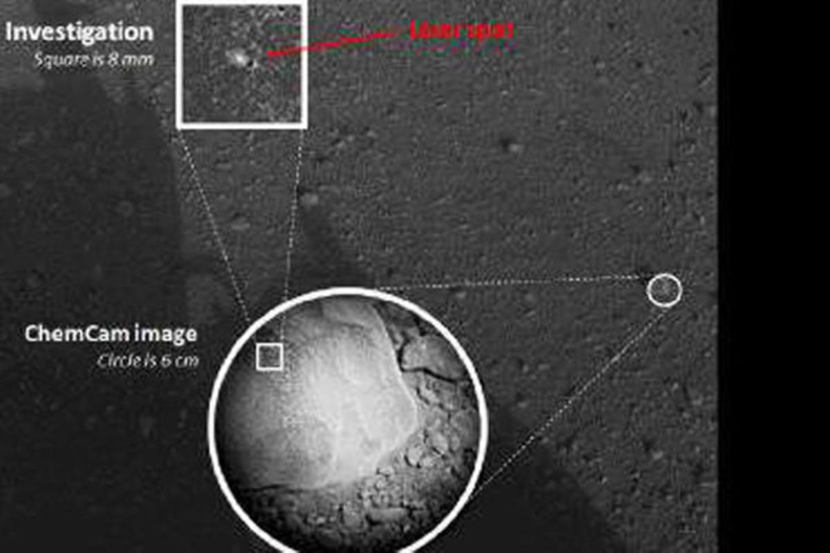 Combo d’imatges captades per l’explorador ’Curiosity’ que mostren la posada en marxa del làser per a polvoritzar una roca.