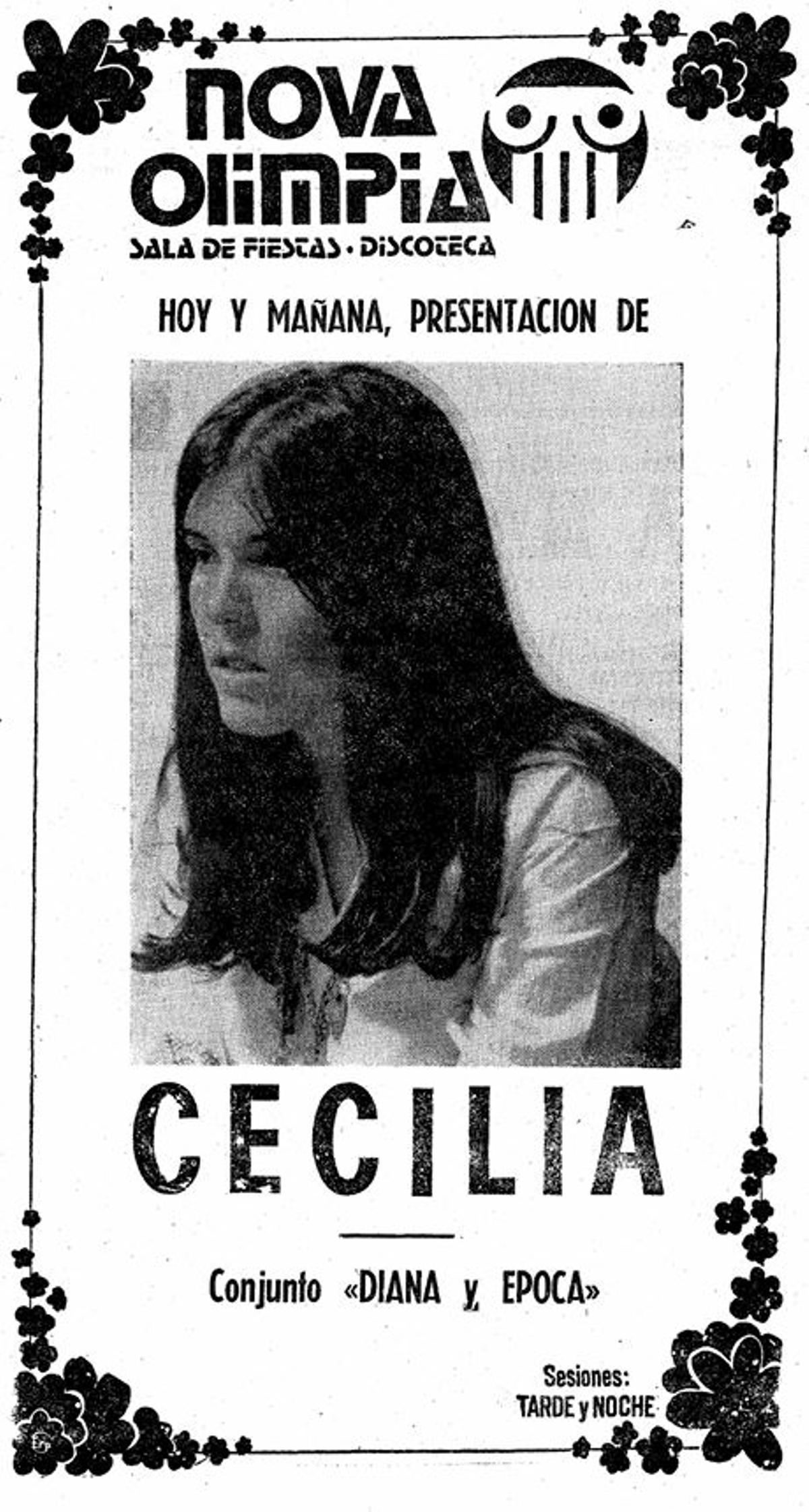 Anuncio en FARO del concierto de Cecilia en la Sala Nova Olimpia.