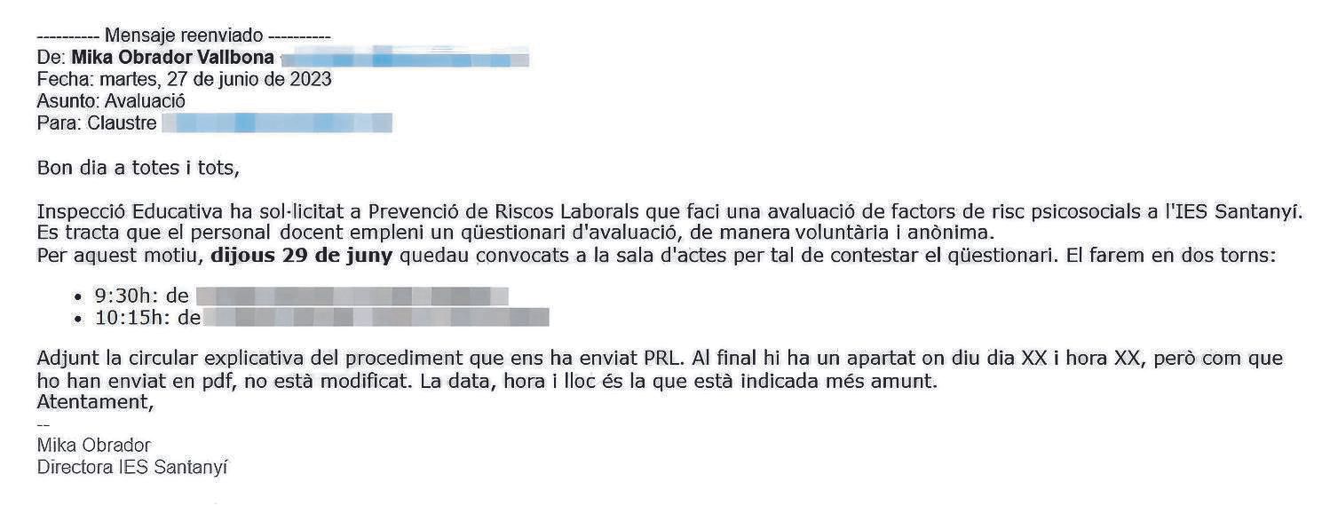 La Evaluación de Riesgos Psicosociales del profesorado, confirmada por la conselleria de Educación y convocada por la directoria del IES Santanyí que hoy asegura que "no nos consta"