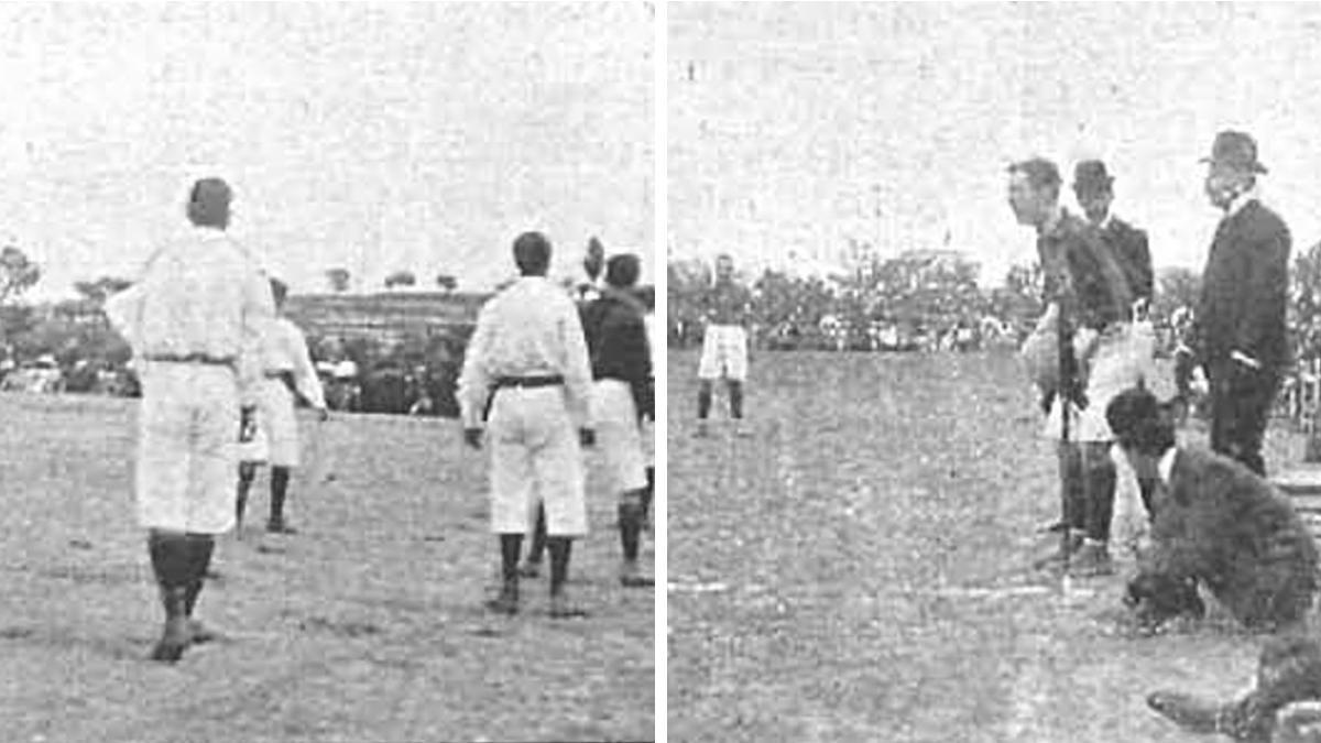Dos imágenes del primer partido entre el Madrid y el Barça, jugado en Madrid con motivo de los festejos de la coronación de Alfonso XIII: la salida y el tanteo, según la información facilitada por la revista en la que se publicaron