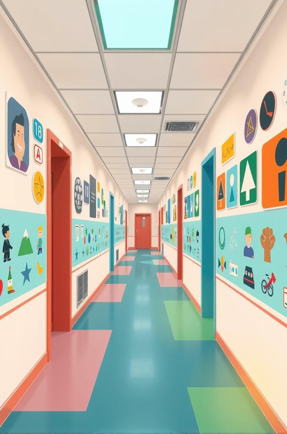 Simulación de un pasillo ecolar con pictografiado.