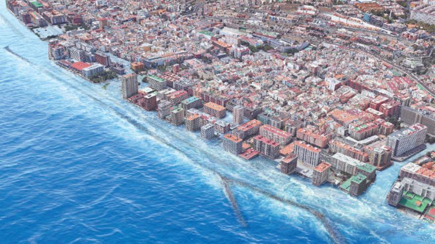 Simulación de cómo quedaría la Avenida Marítima en caso de un aumento del nivel del mar extremo.