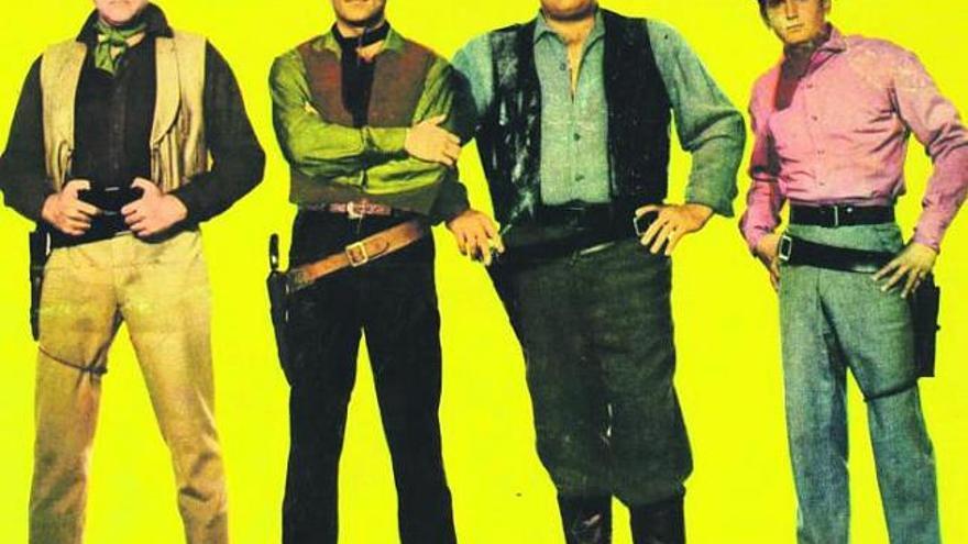 De izquierda a derecha, Ben Cartwright, llamado «Pa», y sus hijos (por orden de edad): Adam, Hoss y «Little Joe», reparto de «Bonanza».
