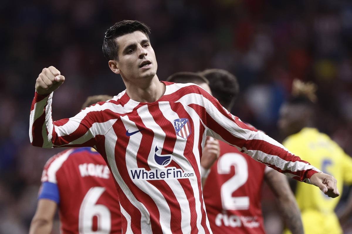 Morata celebra un gol en esta temporada con el Atlético de Madrid. EFE/Sergio Pérez