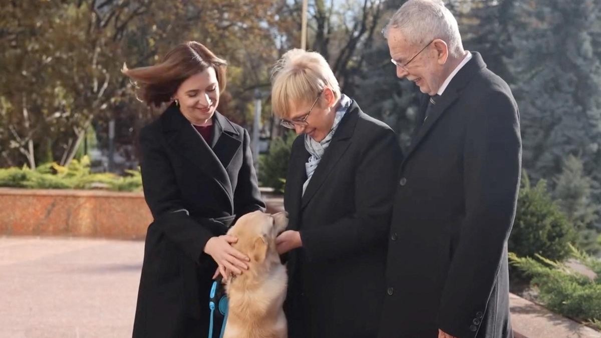 La presidenta de Moldavia Maia Sandu (centro) acaricia a su perro Codrut junto al presidente de Austria Alexander Van der Bellen y la presidenta de Eslovenia Natasa Pirc Musar, este viernes, en Chisinau, la capital moldava.REUTERS THIS IMAGE HAS BEEN SUPPLIED BY A THIRD PARTY. MA