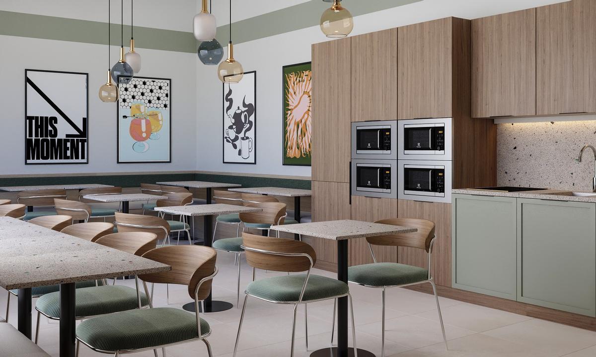 Imagen proyectada de una de las zonas de comedor de la residencia que MIraval construye en Málaga en la zona de Torre del Río, junto a las Málaga Towers.