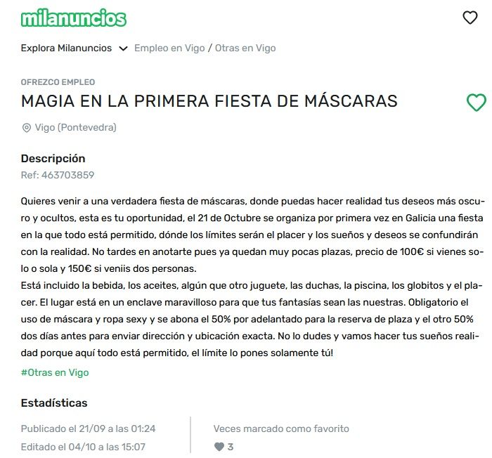 La convocatoria para esta fiesta de máscaras se publicita en la web de Milanuncios