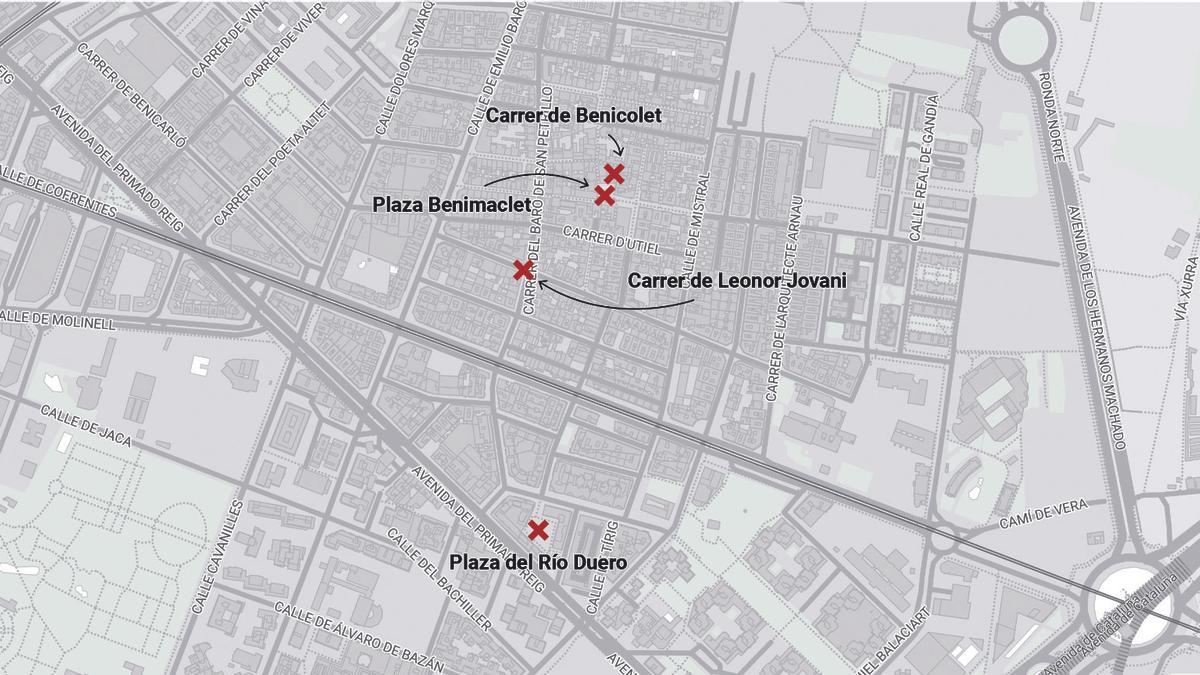 Mapa del botellón en el barrio de Benimaclet.