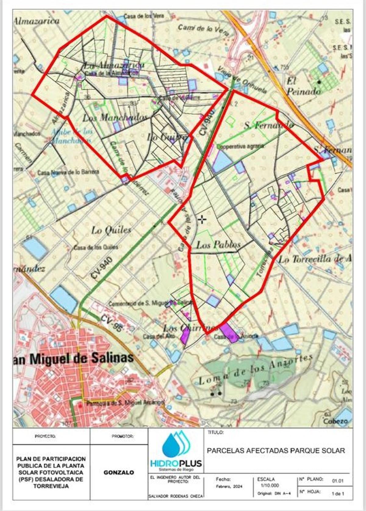 Mapa de localización de los terrenos que se verán afectados por las expropiaciones en el Campo de Salinas dentro de la línea roja