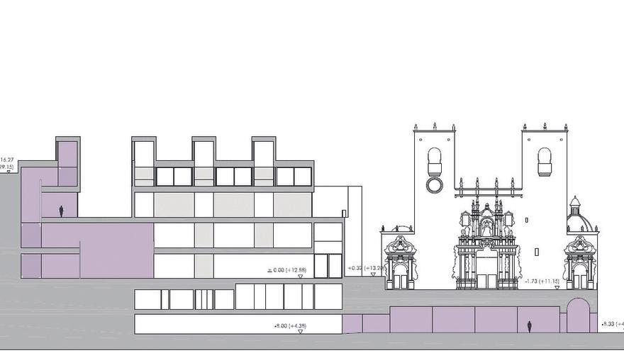 Plano de la propuesta para el MACA. En lila, las partes nuevas. A la derecha, el acceso por la calle Jorge Juan y el túnel debajo de la plaza de Santa María y a la izquierda, la ampliación por detrás.