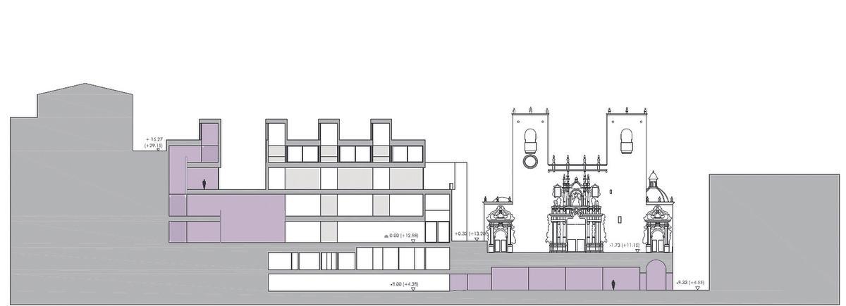 Plano de la propuesta para el MACA. En lila, las partes nuevas. A la derecha, el acceso por la calle Jorge Juan y el túnel debajo de la plaza de Santa María y a la izquierda, la ampliación por detrás.