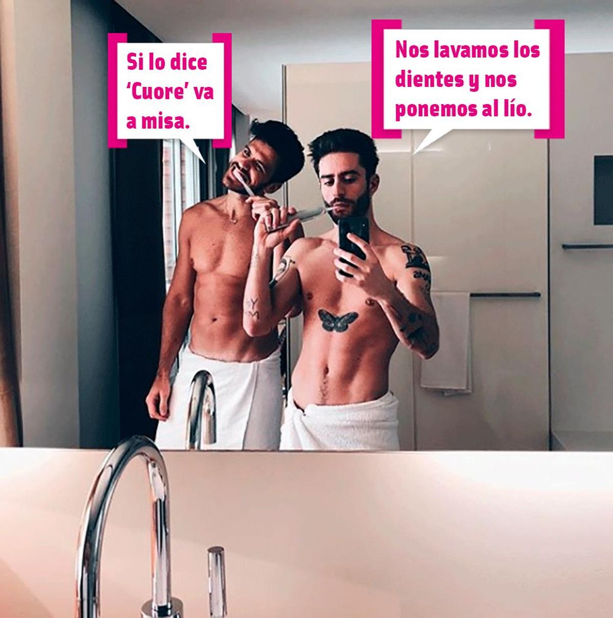 Pelayo Díaz y Andy McDougall lavándose los dientes, con bocadillo