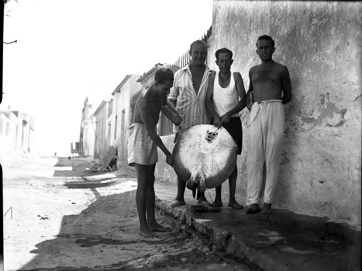 Fotografía de 1945, con un macho de Taeniurops grabatus, tomada en el pueblo pesquero de Cabo de Palos.