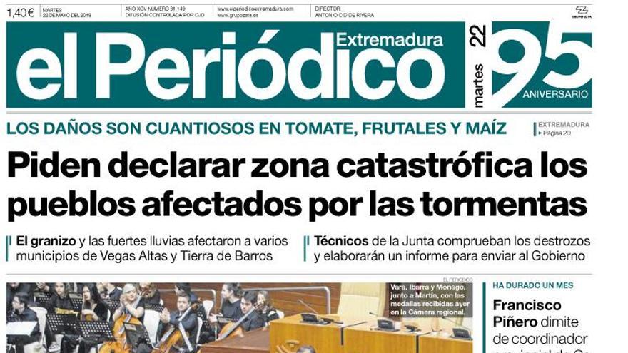 Esta es la portada de EL PERIÓDICO EXTREMADURA correspondiente al día 22 de mayo del 2018