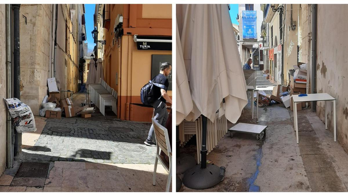 Los vecinos se quedan de la acumulación de cajas, sillas y mesas en la calle Arrapades de Xàtiva.