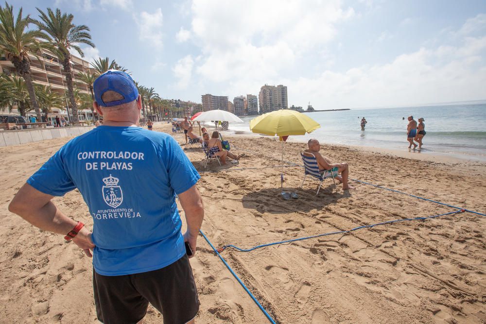 Primer día de baño autorizado en las playas de Torrevieja con arena parcelada y controles de acceso