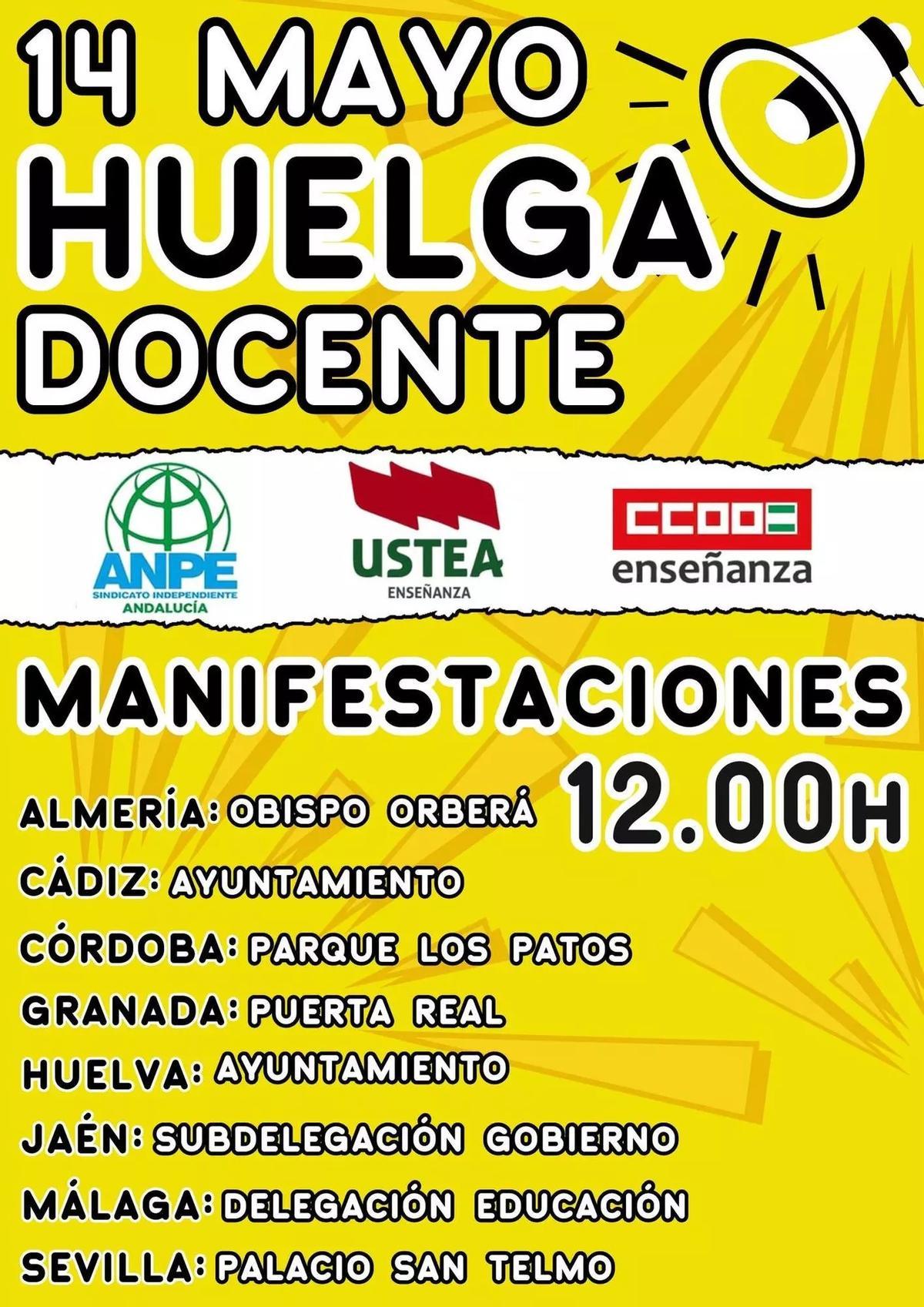 Cartel de las manifestaciones de la huelga docente en Andalucía el 14 de mayo