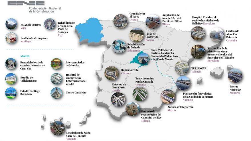 Mapa que ha elaborado la Confederación Nacional de la Construcción con las 26 mejores obras del año.