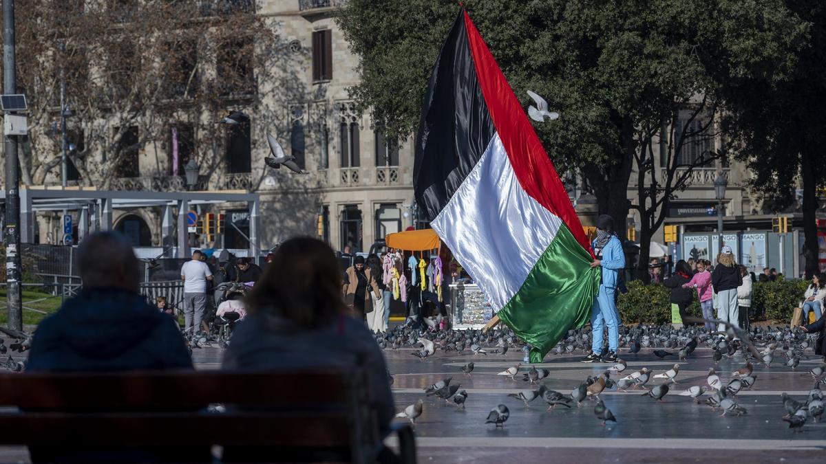 Un persona enarbola una gran bandera palestina en la plaza Catalunya, en Barcelona.