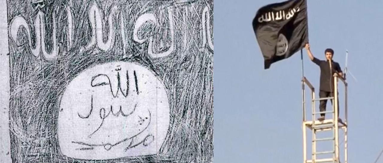 A la izquierda, una pintada yihadista en una prisión castellana reproduce la bandera de ISIS, a la derecha.