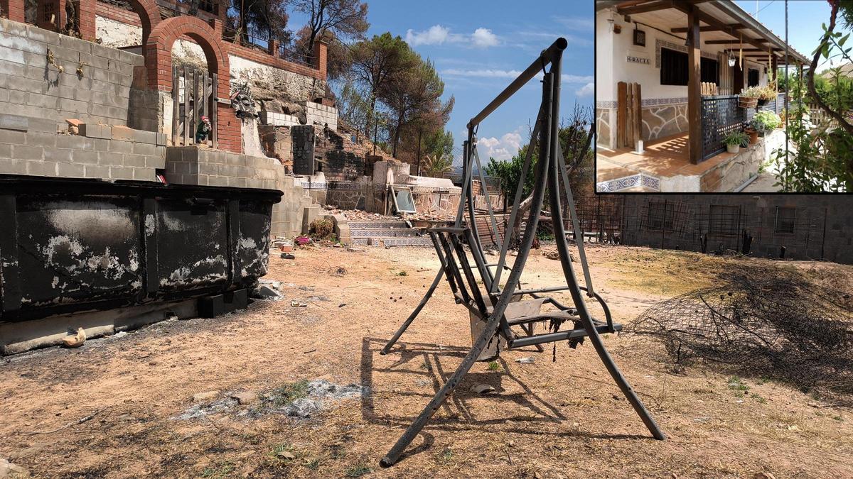 La piscina que no va arribar a ser instal·lada davant la casa cremada. En petit, la casa com era abans del foc