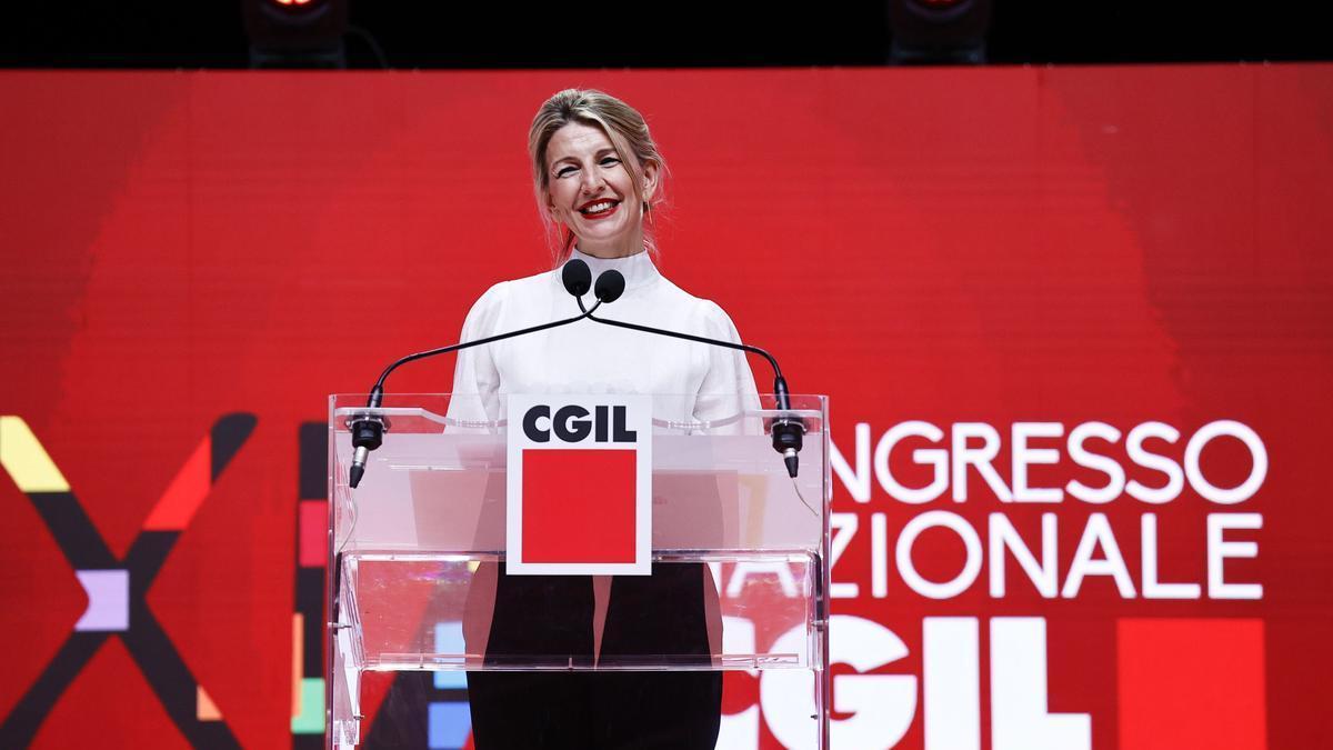 Yolanda Díaz, durante su intervención en el congreso del sindicato CGIL, este jueves en Rímini.