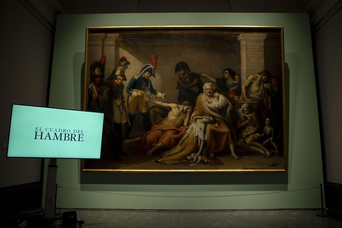 MADRID, 27/04/2026.-El Museo del Prado presenta en rueda de prensa El año del hambre de Madrid (1818), de José Aparicio, una pintura que pasó de ser un fenómeno popular y emblema del arte oficial en la España del siglo XIX, a convertirse en una mera anécdota local. Conocido en su tiempo como “El cuadro del hambre”, el lienzo alcanzó una notoriedad que desbordó el ámbito artístico durante el reinado de Fernando VII, protagonizando polémicas estéticas y políticas, como una de las piezas centrales del Museo del Prado desde su inauguración en 1819, donde llegó a eclipsar a las figuras de Francisco de Goya y José de Madrazo.-EFE/ Daniel González