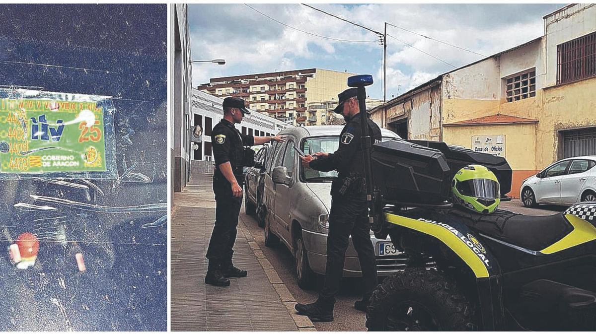 Imágenes de la intervención policial y de la pegatina que el investigado había pegado con cinta aislante.