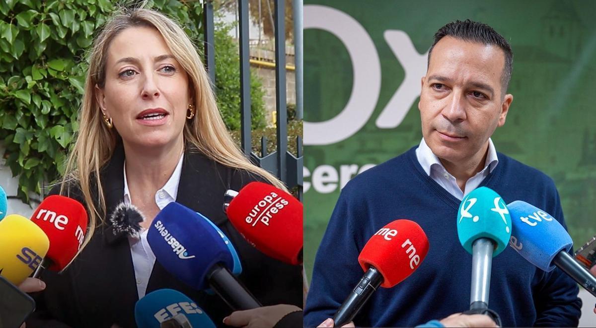 María Guardiola, candidata del PP a la Junta, y Óscar Fernández (Vox).