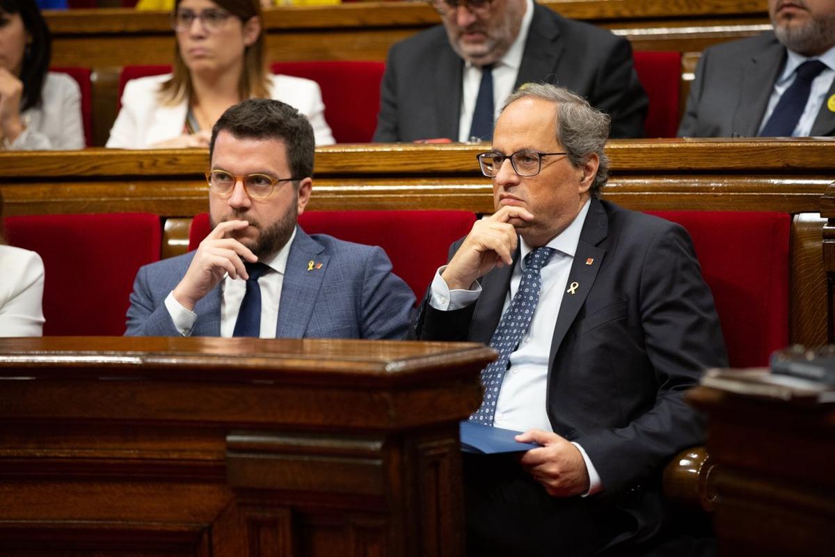 25/09/2019 El president de la Generalitat,  Quim Torra i el vicepresident de la Generalitat, Pere AragonÃ?s, en el debat sobre polÃ­tica general al Parlament de Catalunya, a Barcelona, 25 de setembre del 2019.