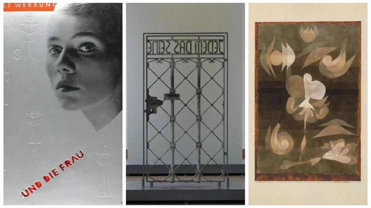 Varios detalles de la exposición sobre la Bauhaus y el nazismo, entre ellos la verja de un campo de concentración con la frase "Jedem das Seine", a cada uno lo suyo.
