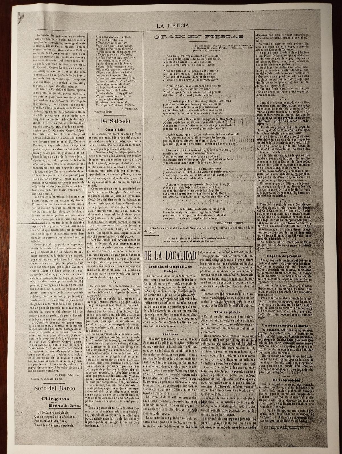 Reproducción de la página de La Justicia en la que aparece el poema "Grado en fiestas".
