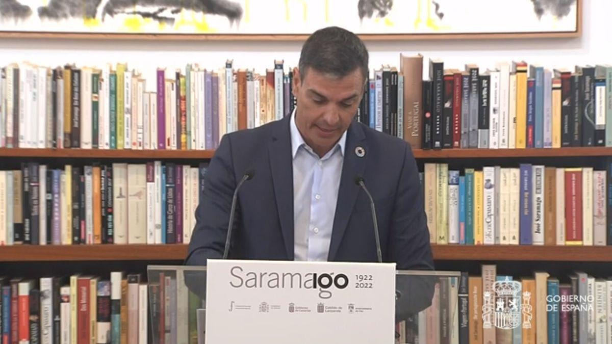 Pedro Sánchez, durante su intervención en la presentación del centenario de José Saramago.