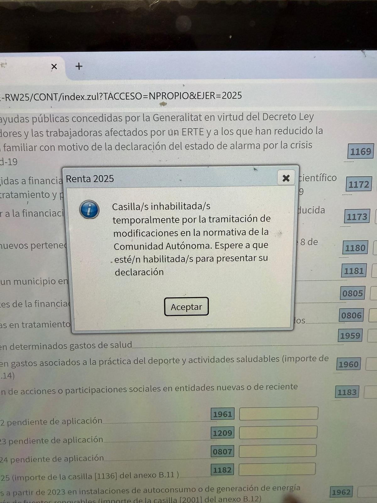 Captura de pantalla de una declaración de la renta, este miércoles.