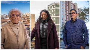 Máxima Cercadillo (102 años), Estela Alais (25 años) y Jaume Llagostera (61 años), vecinos de LHospitalet de Llobregat