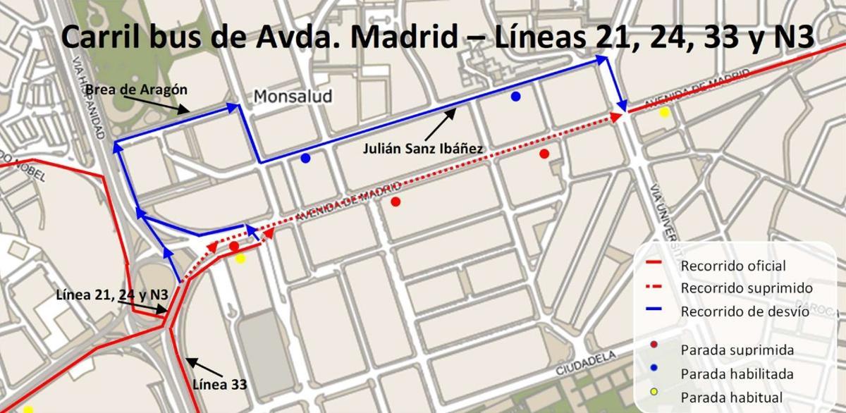 Obras en la avenida Madrid: así quedan las líneas de bus desviadas