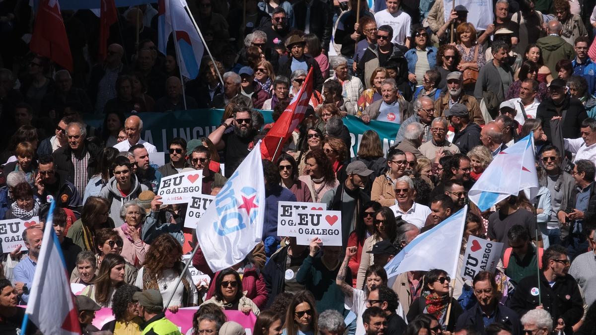 Decenas de personas durante una manifestación a favor del gallego, en Santiago