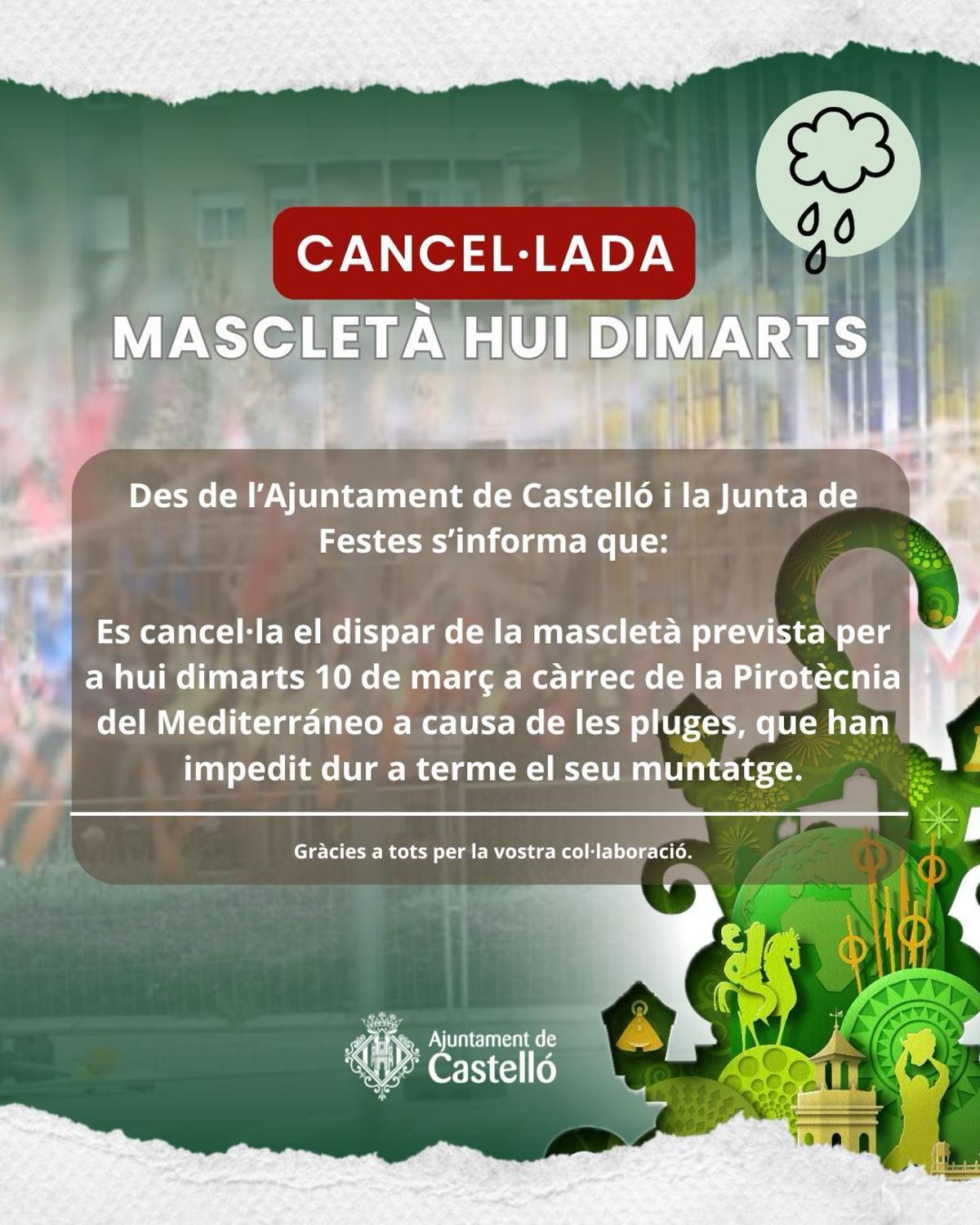 Cancelada la mascletà del martes