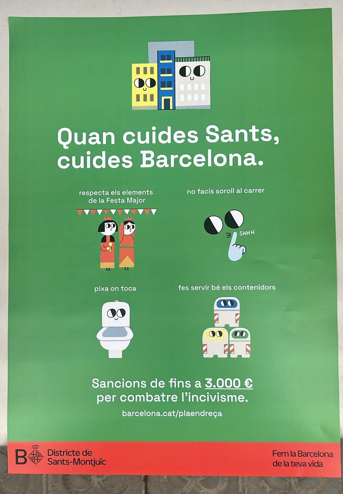 Uno de los carteles municipales que avisará de multas al incivismo en las fiestas de Sants 2026