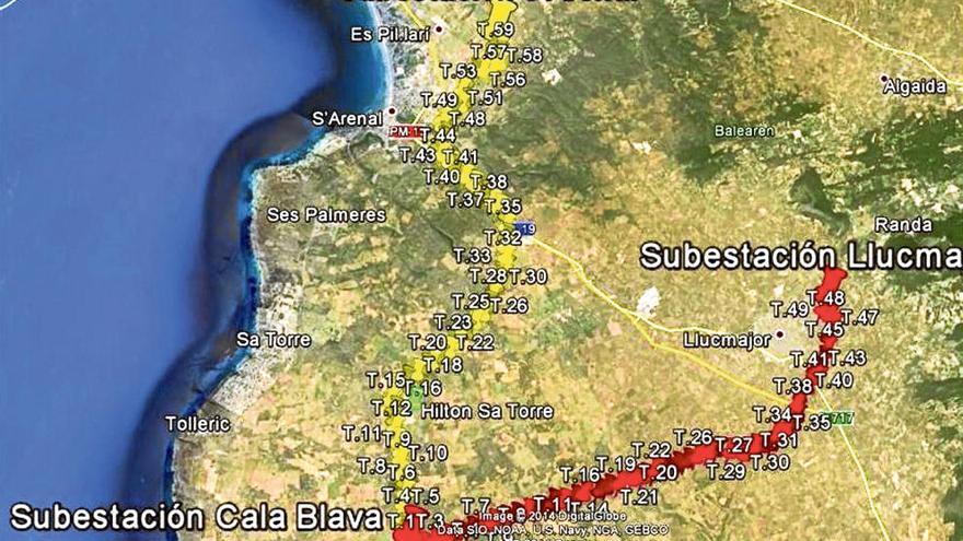 Ubicación de las más de 100 torres de las líneas que confluyen en la nueva subestación Cala Blava (realmente cerca de Cas Busso)