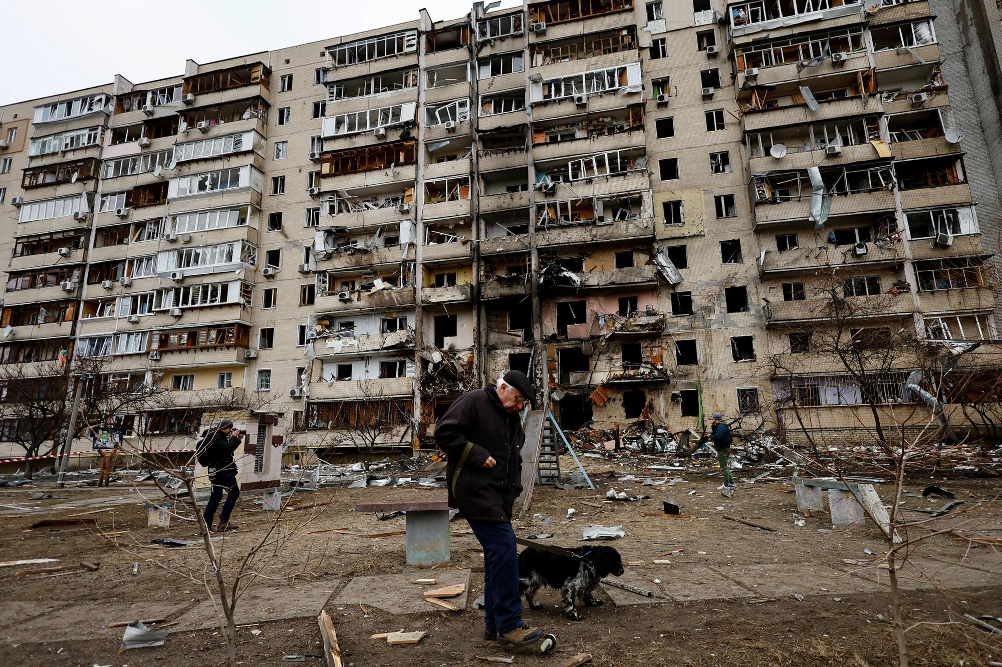 A residential building is damaged, after Russia launched a massive military operation against Ukraine, in Kyiv