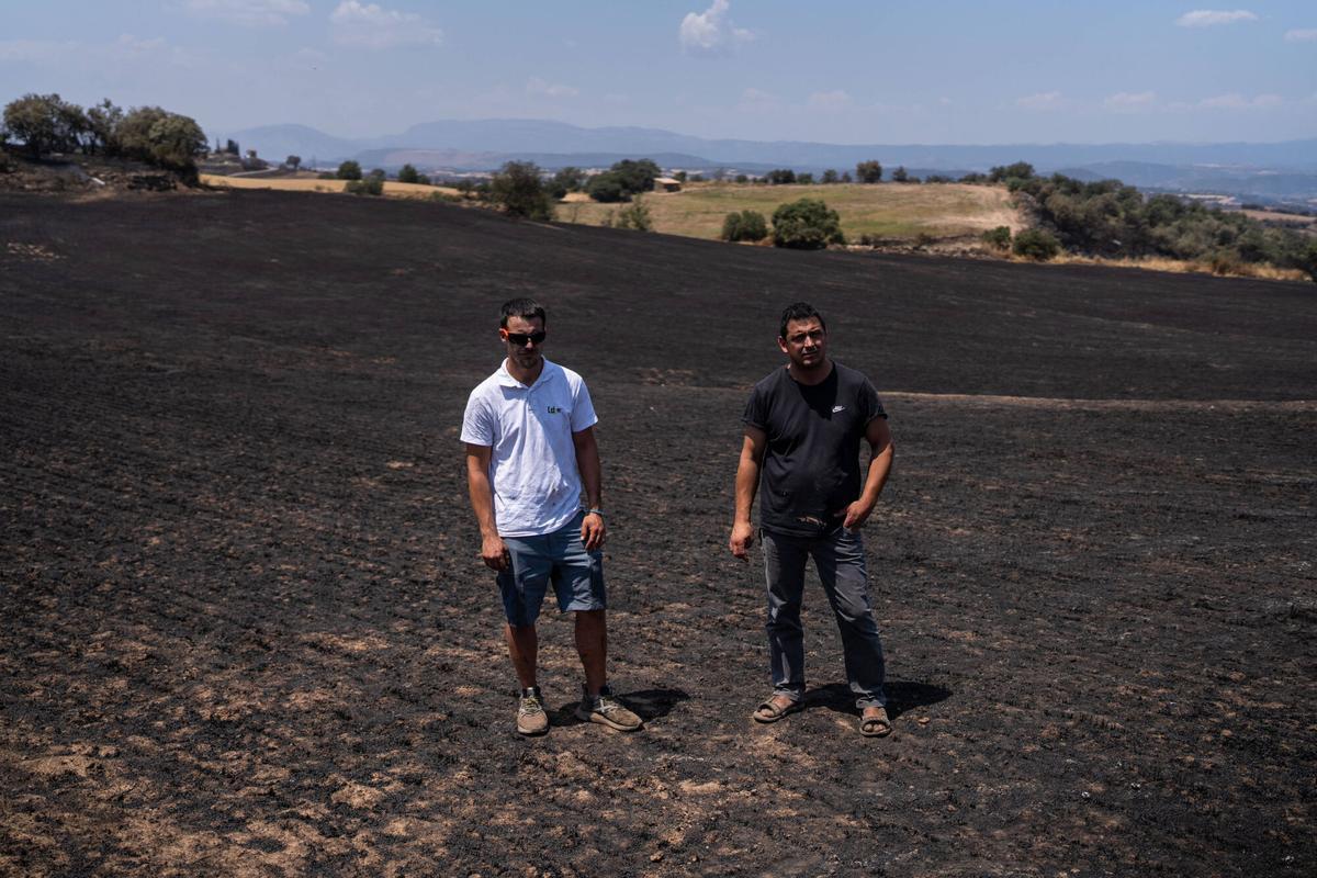 Marc y Jounou, agricultores afectados, en un campo de trigo quemado en Guardiola, Lleida, este 2 de julio de 2025. El incendio en la región ha dejado dos víctimas mortales y miles de evacuados.