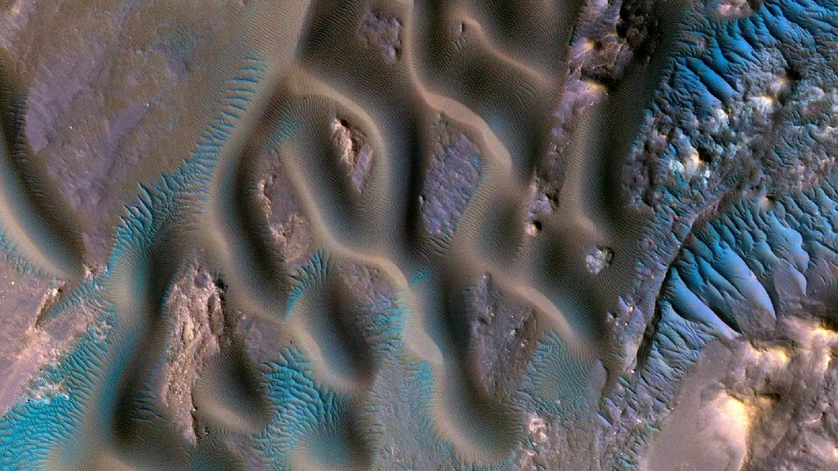 Dunas y dorsales eólicas transversales en el cráter Gamboa en Marte.