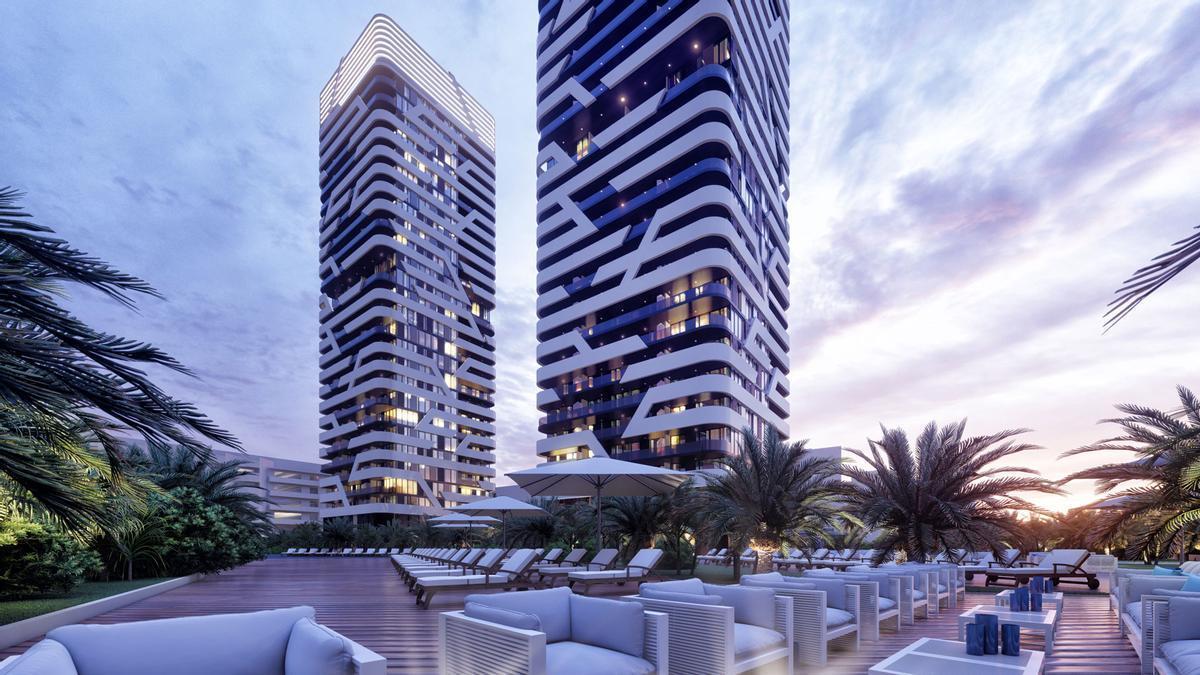 Recreación de las Torres Baraka que estaba previsto construir en primera línea de la bahía de Torrevieja