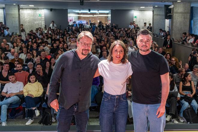 Irene Montero, Xavier Domènech y Gabriel Rufián, en un acto en defensa de un frente de izquierdas en Barcelona.