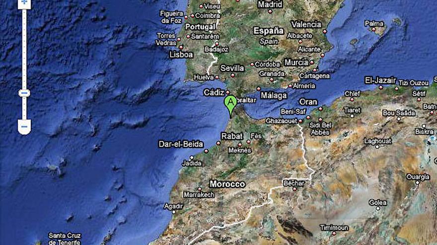 Mapa de Google Maps, donde queda situado con un hito verde la zona donde se encuentra Larache. Las prospecciones se están realizando justo frente a las costas de Larache.